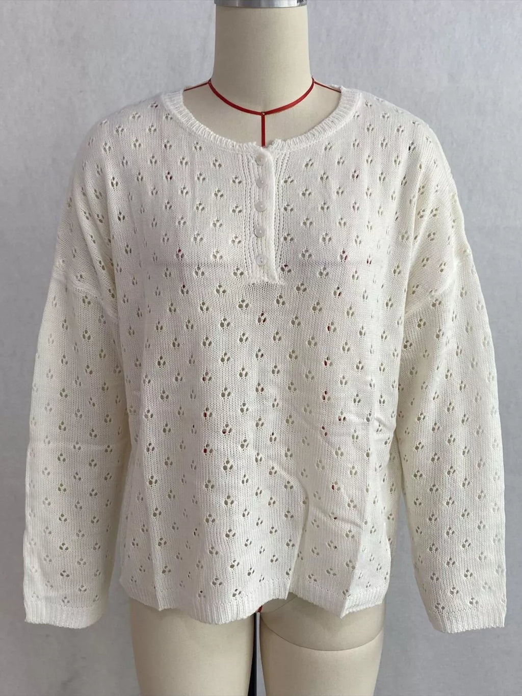 Pointelle Button-Front Round Neck Knit Top