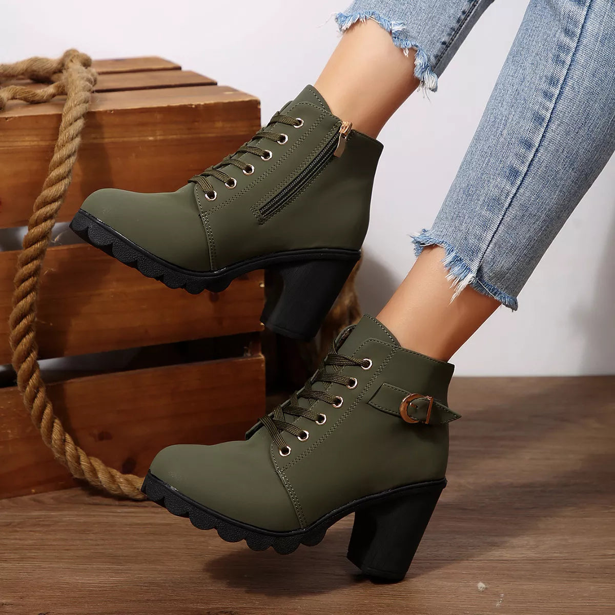 Lace Up Block Heels Boots