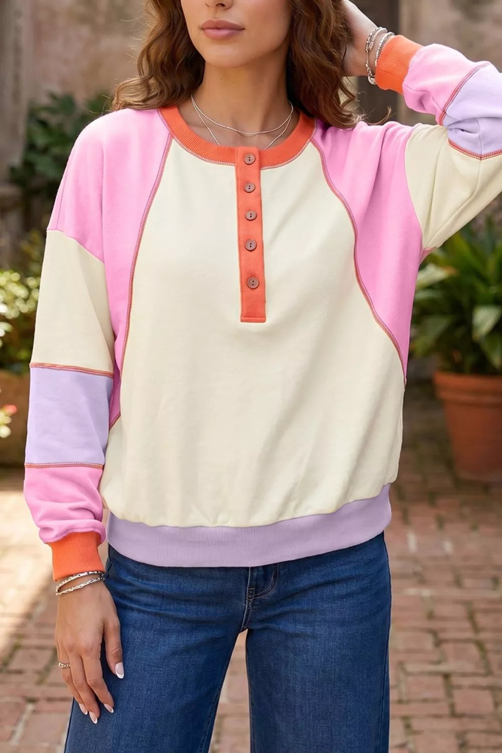 Multicolour Exposed Seam Colorblock Patchwork Long Sleeve Top