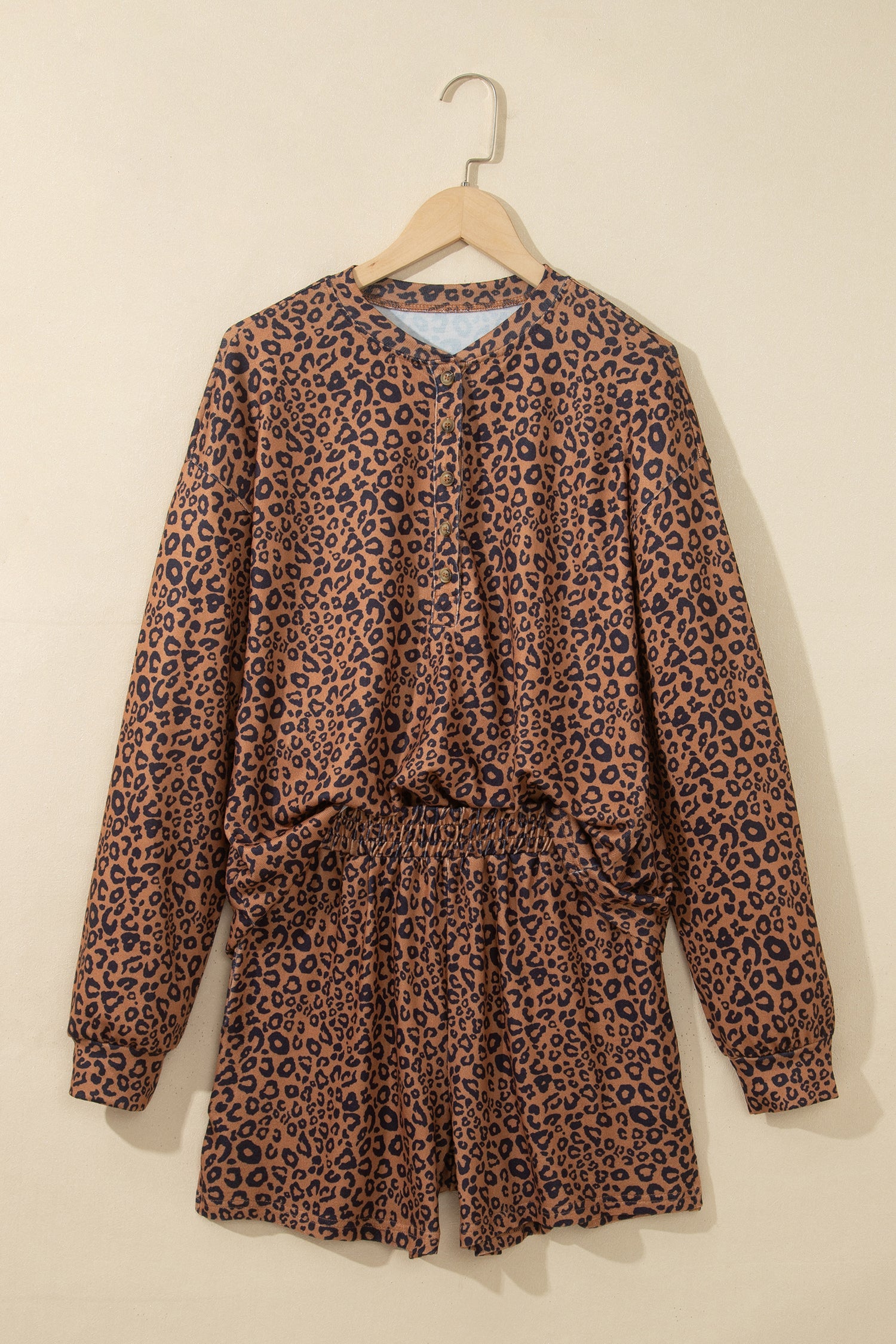Brown Leopard Print Long Sleeve Henley Top Elastic Waist Shorts 2pcs Outfit
