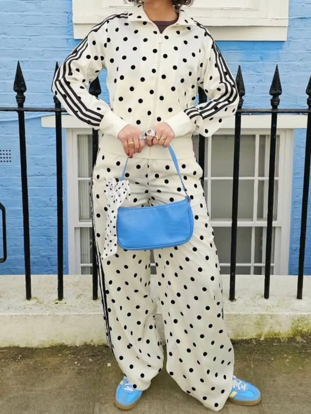 Polka Dot Side Striped Outerwear and Pants Set