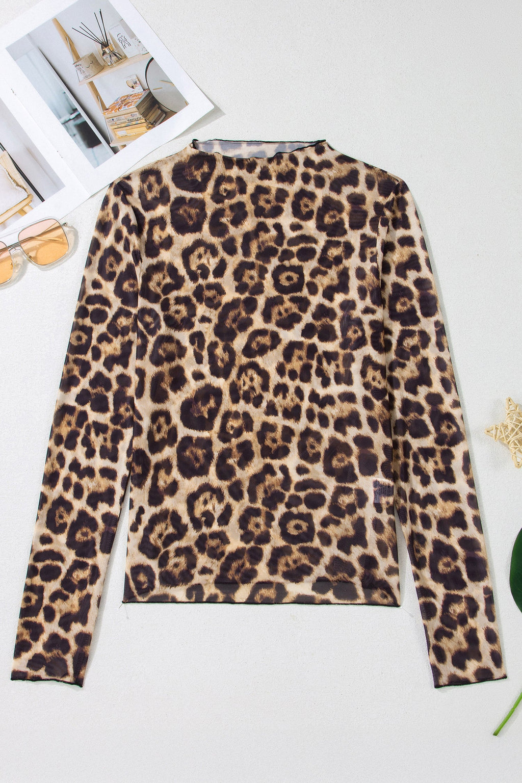 Leopard Mesh Mock Neck Long Sleeve Top