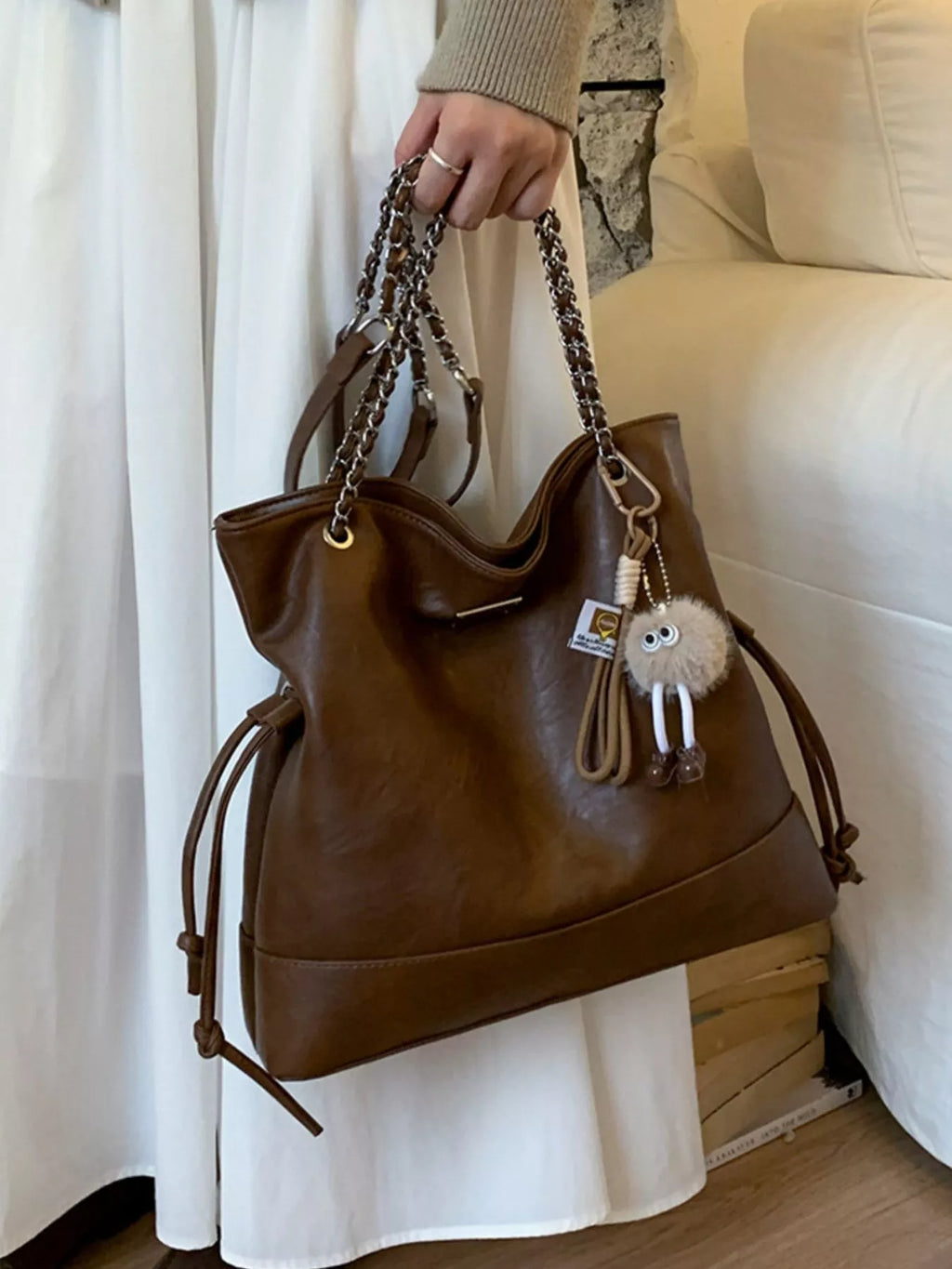 Chain Strap Faux Leather Tote Bag