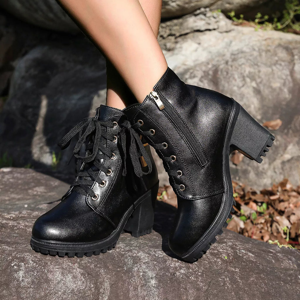 Lace Up Block Heels Boots