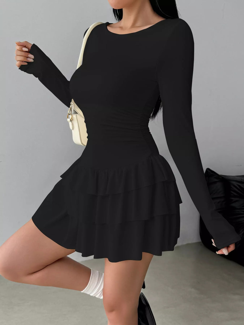 Layered Ruffle Long Sleeve Mini Dress