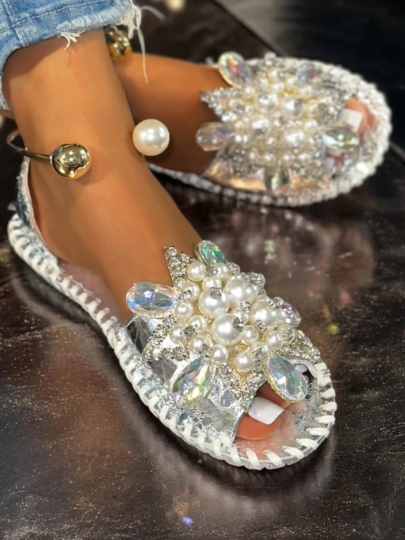 Pearl Embellished Flat Sandals