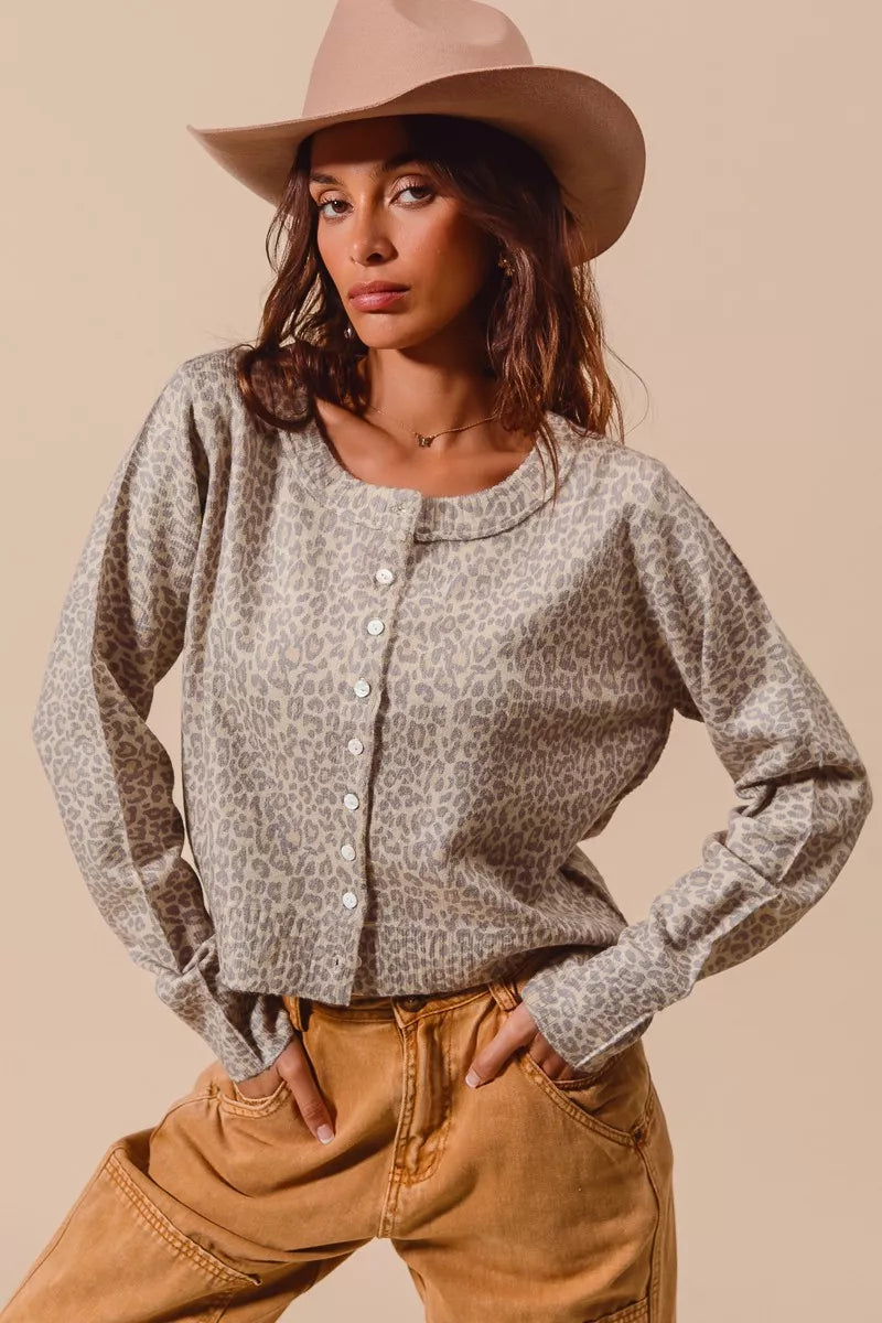 SO ME Two Tone Leopard Vintage Print Button Up Cardigan
