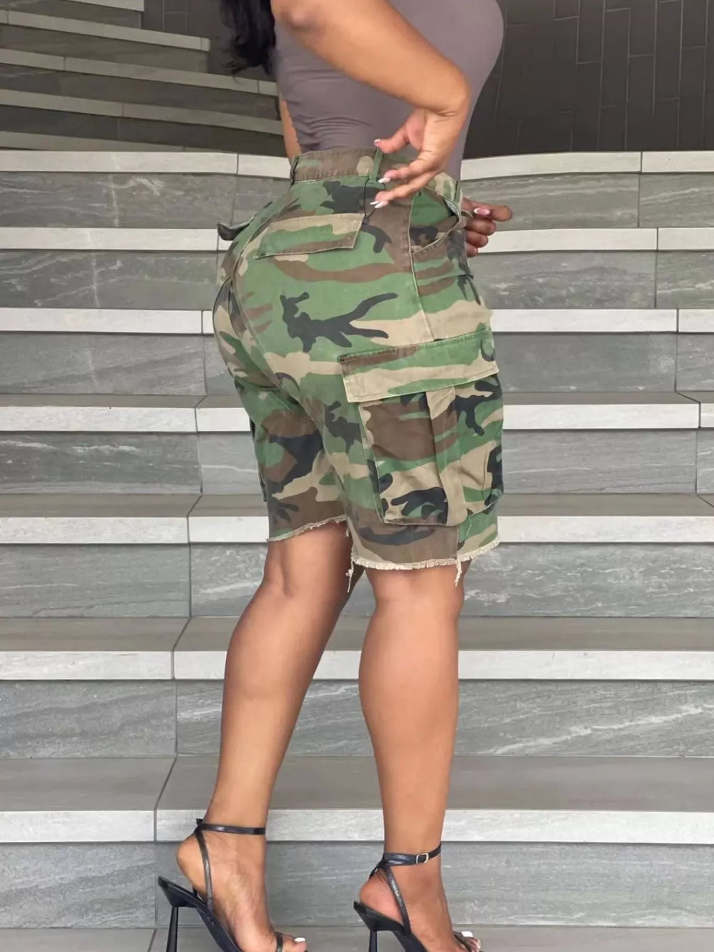 Camouflage Cargo Shorts with Raw Hem