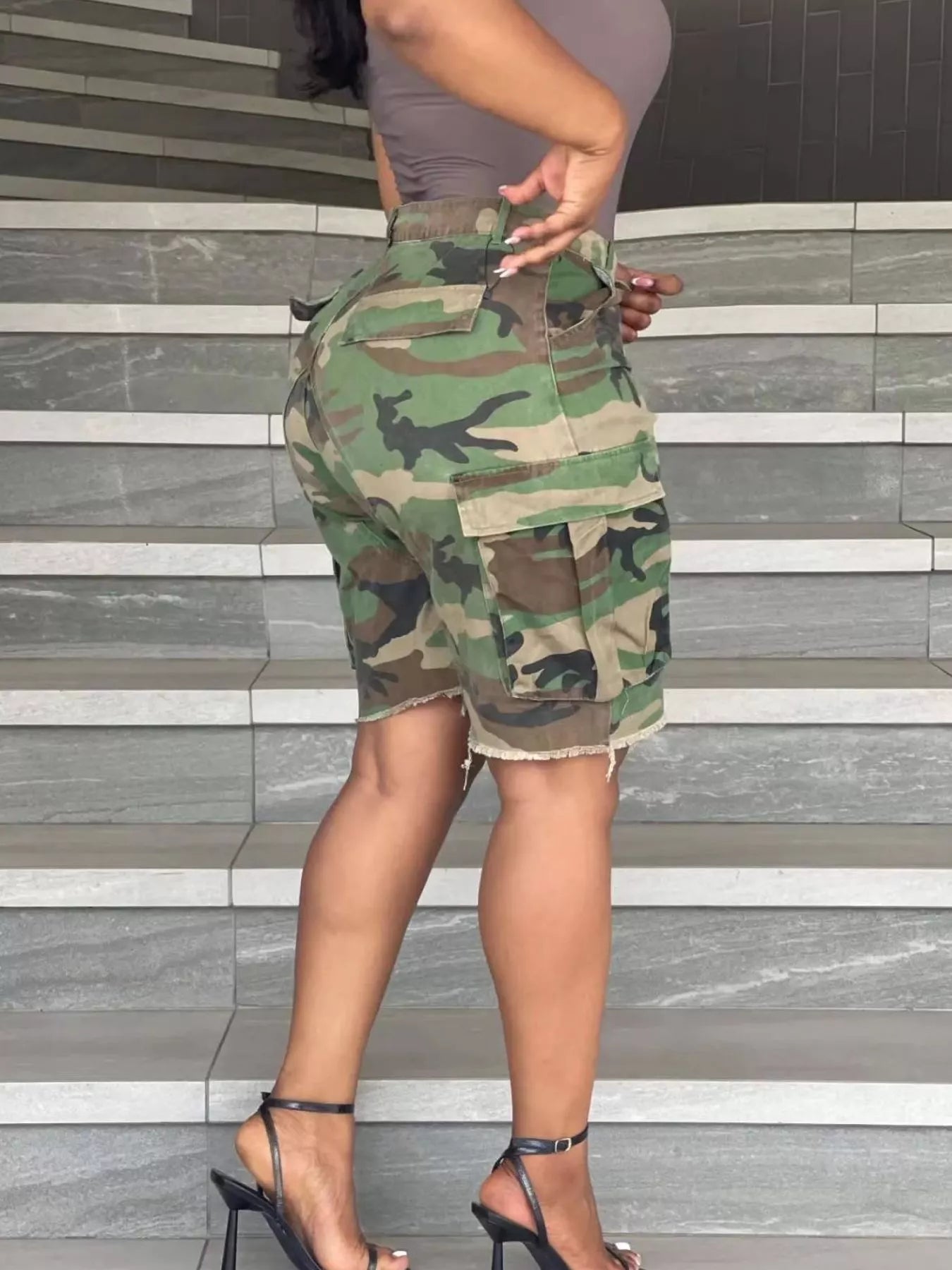 Camouflage Cargo Shorts with Raw Hem