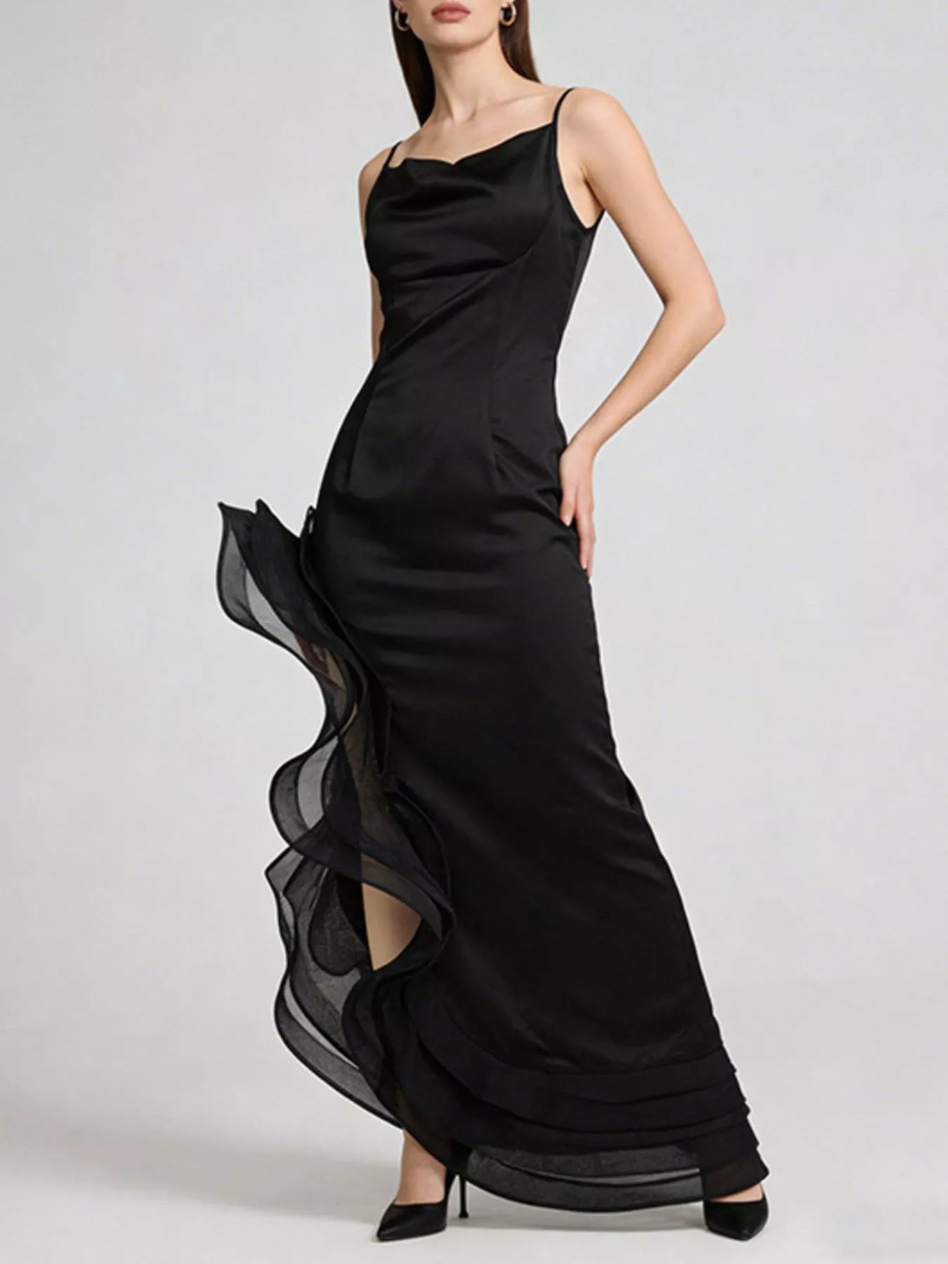 Spaghetti Strap Ruffle Slit Maxi Dress