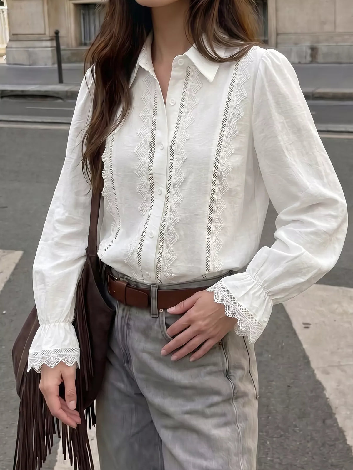 Lace-Trimmed Button-Down Shirt