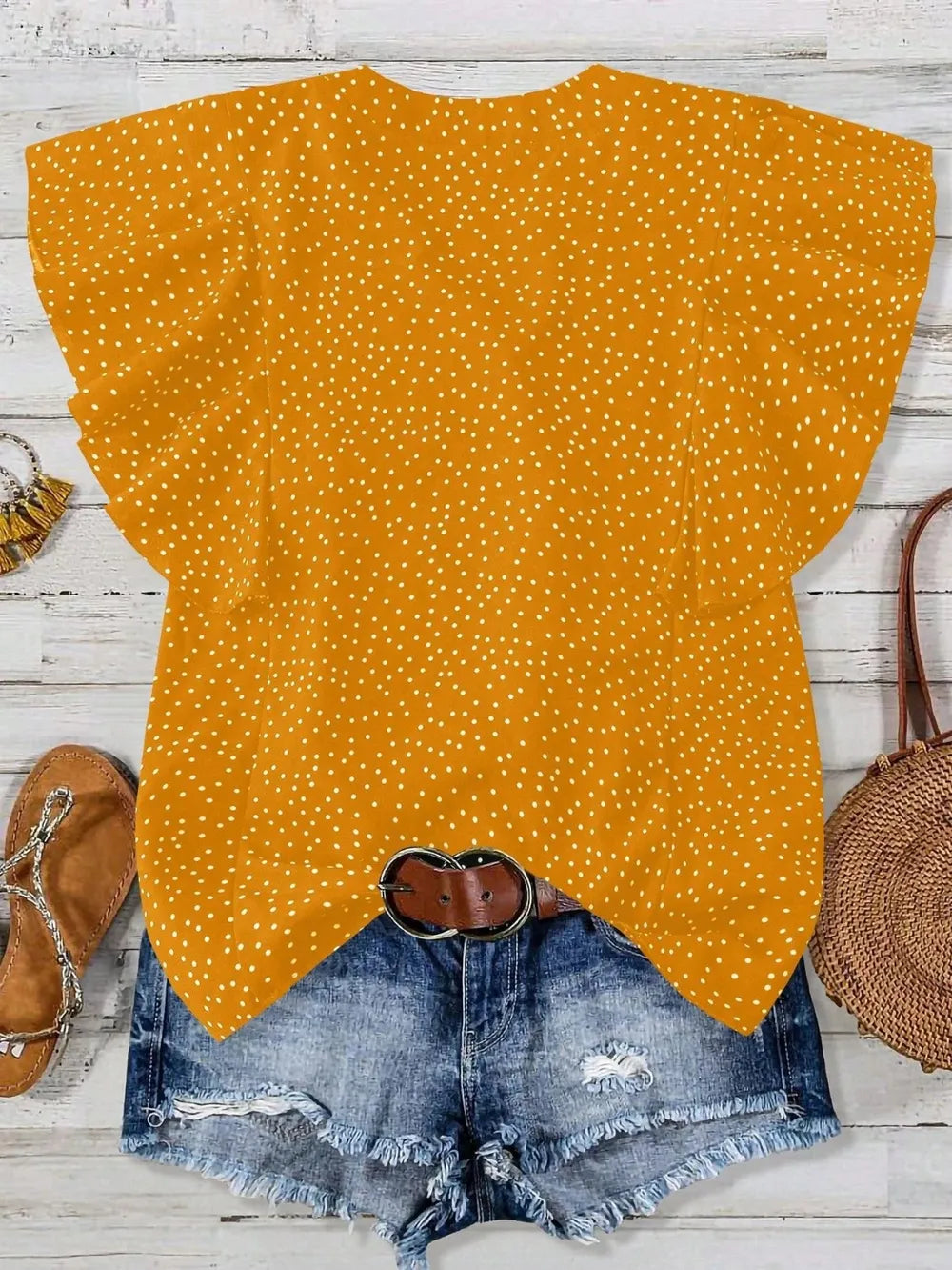 Polka Dot Notched Ruffled Cap Sleeve Blouse