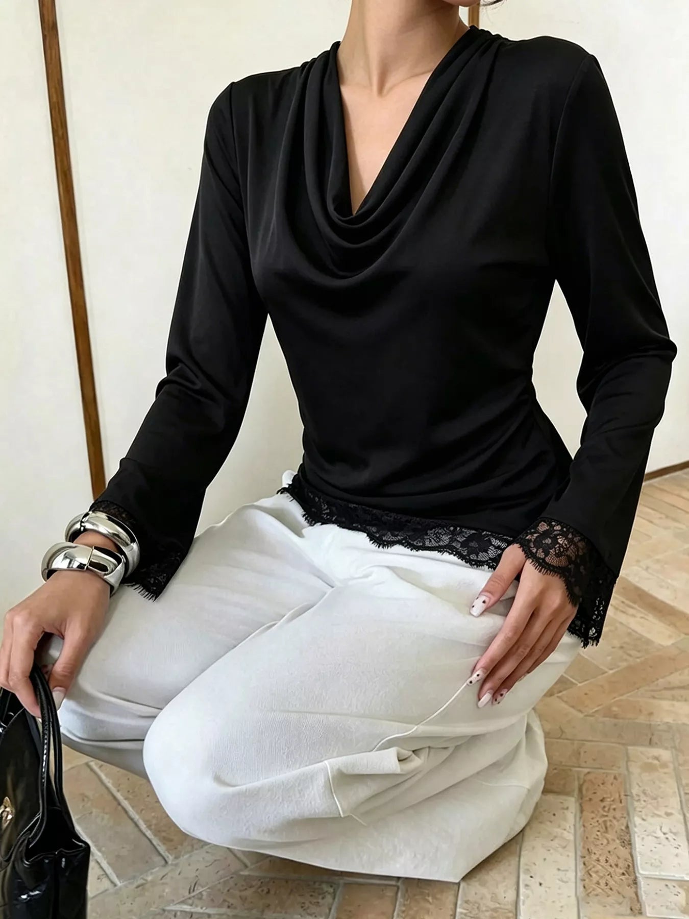 Lace Trim Cowl Neck Blouse