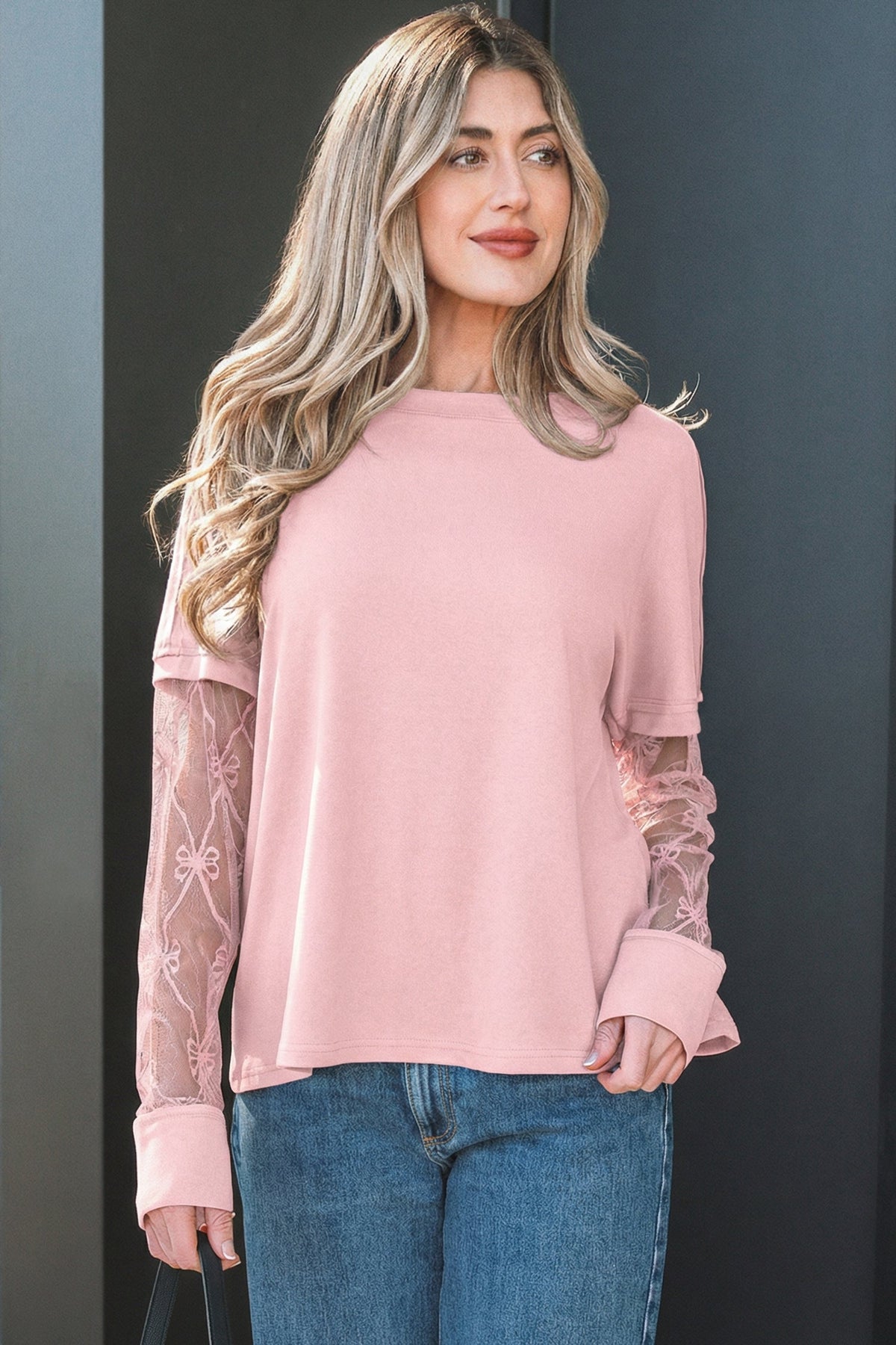Bow Mesh Patchwork Long Sleeve Tee