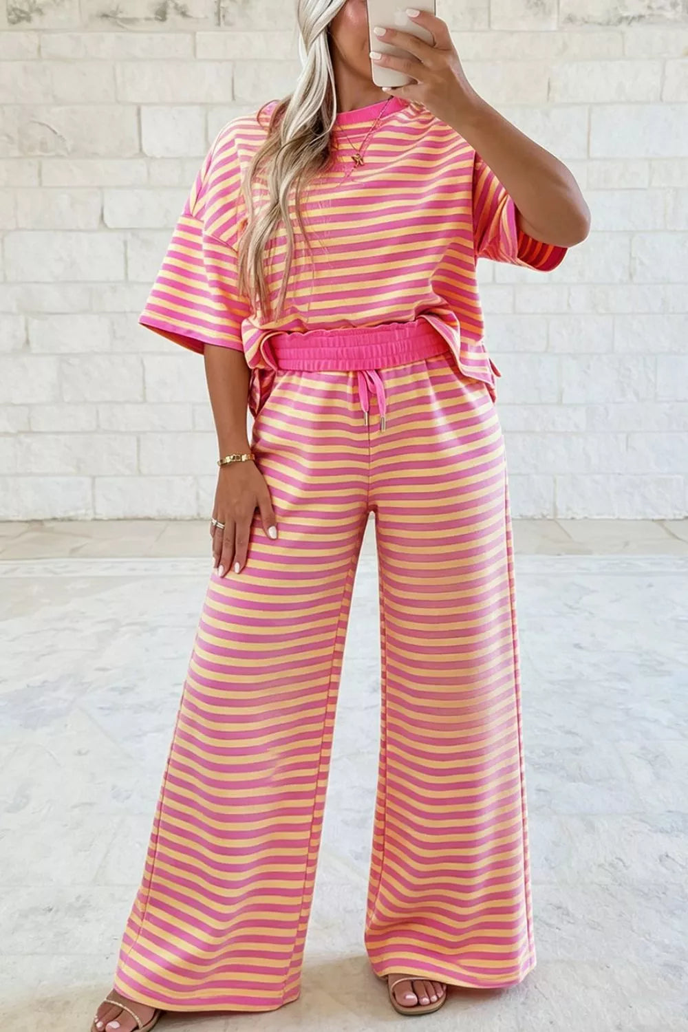 Stripe Colorblock Trim Crew Neck Loose Tee Drawstring Elastic Waist 2pcs Pant Set