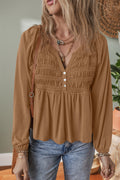 Cinnamon Smocked Bust Buttoned Split V Neck Flow Fit Blouse
