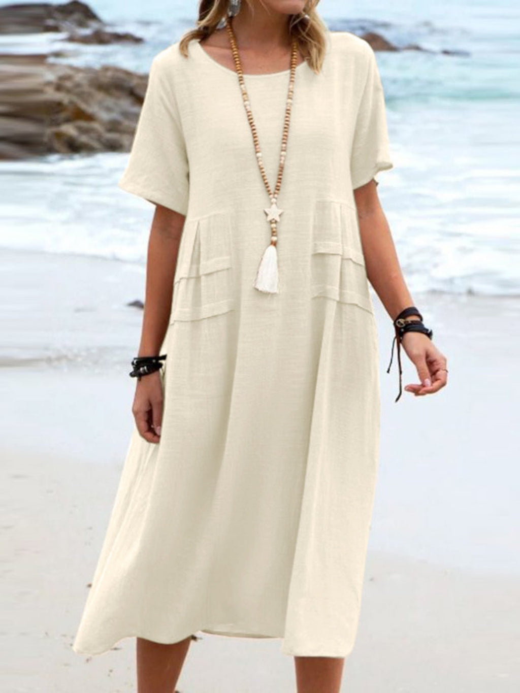 Full Size Casual Linen Blend Midi Dress Plus Size