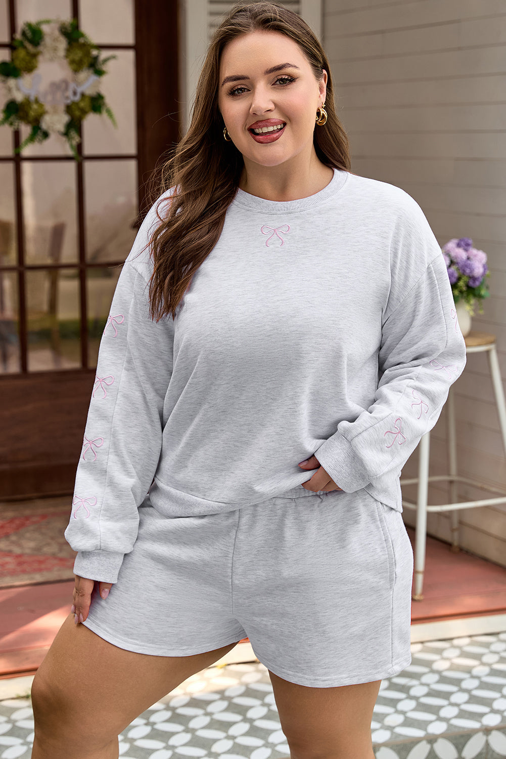 Light Grey Girly Bow Embroidered Puff Sleeve Pullover Loose Shorts Plus 2pcs Outfit