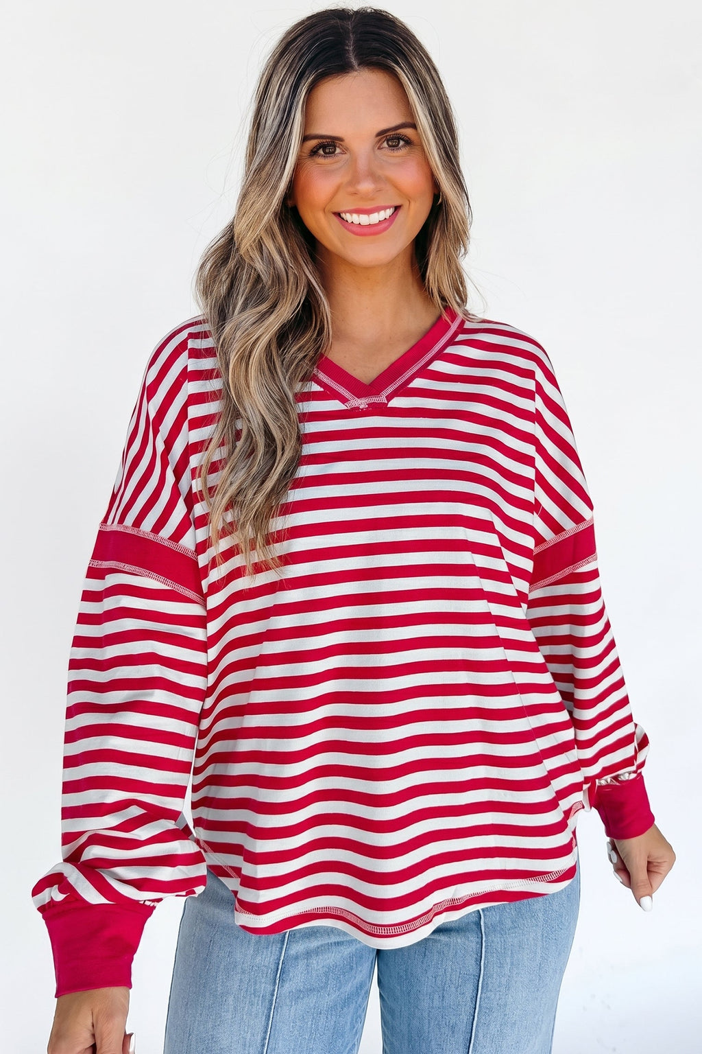 Red Stripe Exposed Seam V Neck Balloon Sleeve Pullover