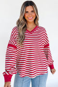 Red Stripe Exposed Seam V Neck Balloon Sleeve Pullover