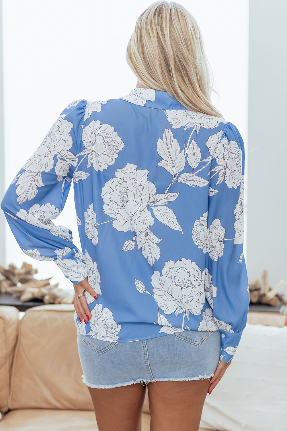 Floral Button-Up Pleated Puff Sleeve Shirt