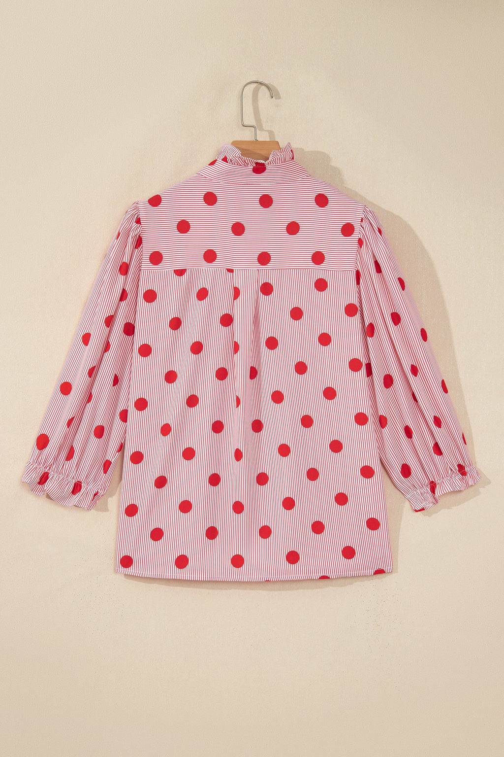 Sky Blue Polka Dot Print Ruffle Stand Neck 3/4 Sleeve Shift Shirt
