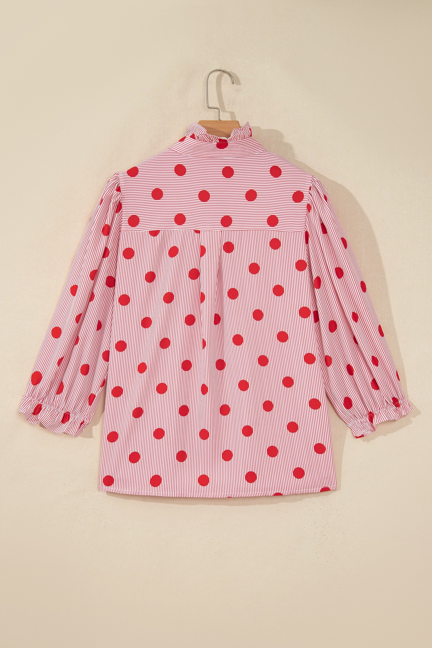 Sky Blue Polka Dot Print Ruffle Stand Neck 3/4 Sleeve Shift Shirt