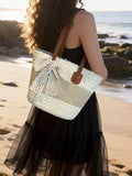 Lace Trimmed Straw Shoulder Bag