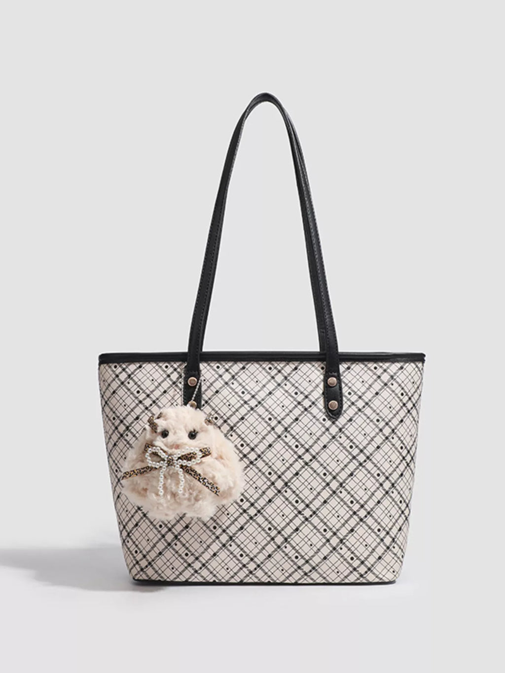 Plaid Tote Bag with Plush Charm