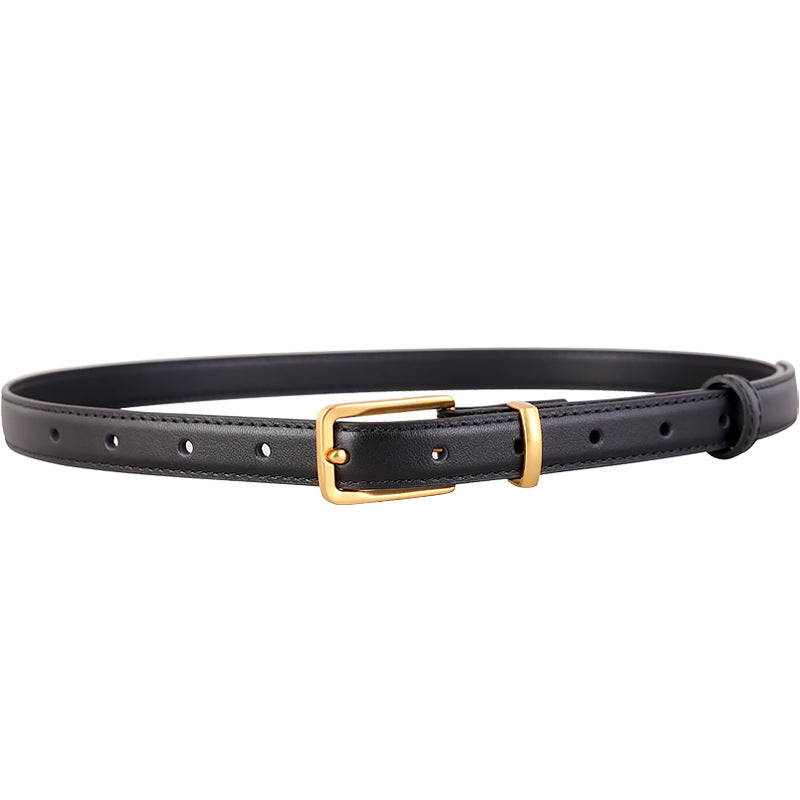 Leather Skinny Belt with Golden Buckle