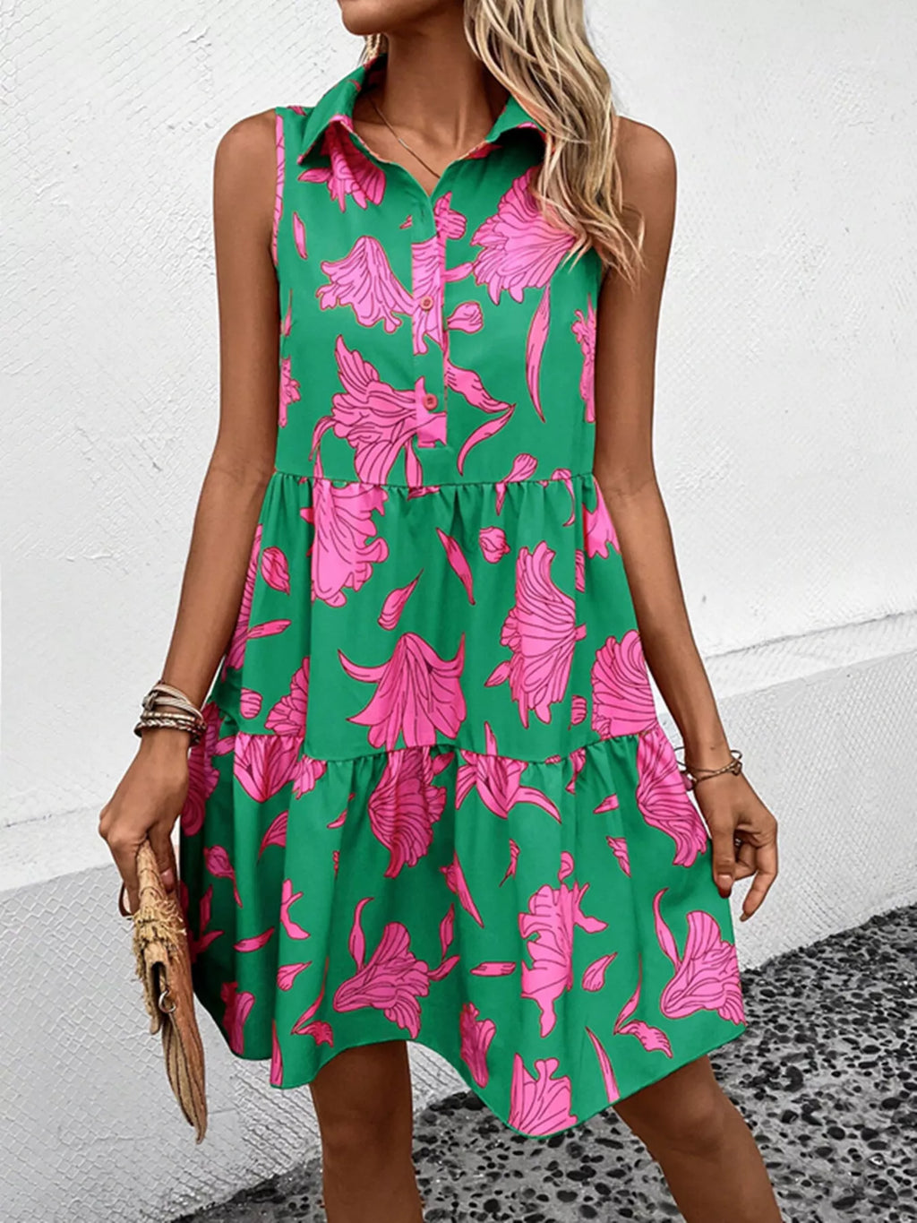 Sleeveless Floral Print Tiered Shirt Dress