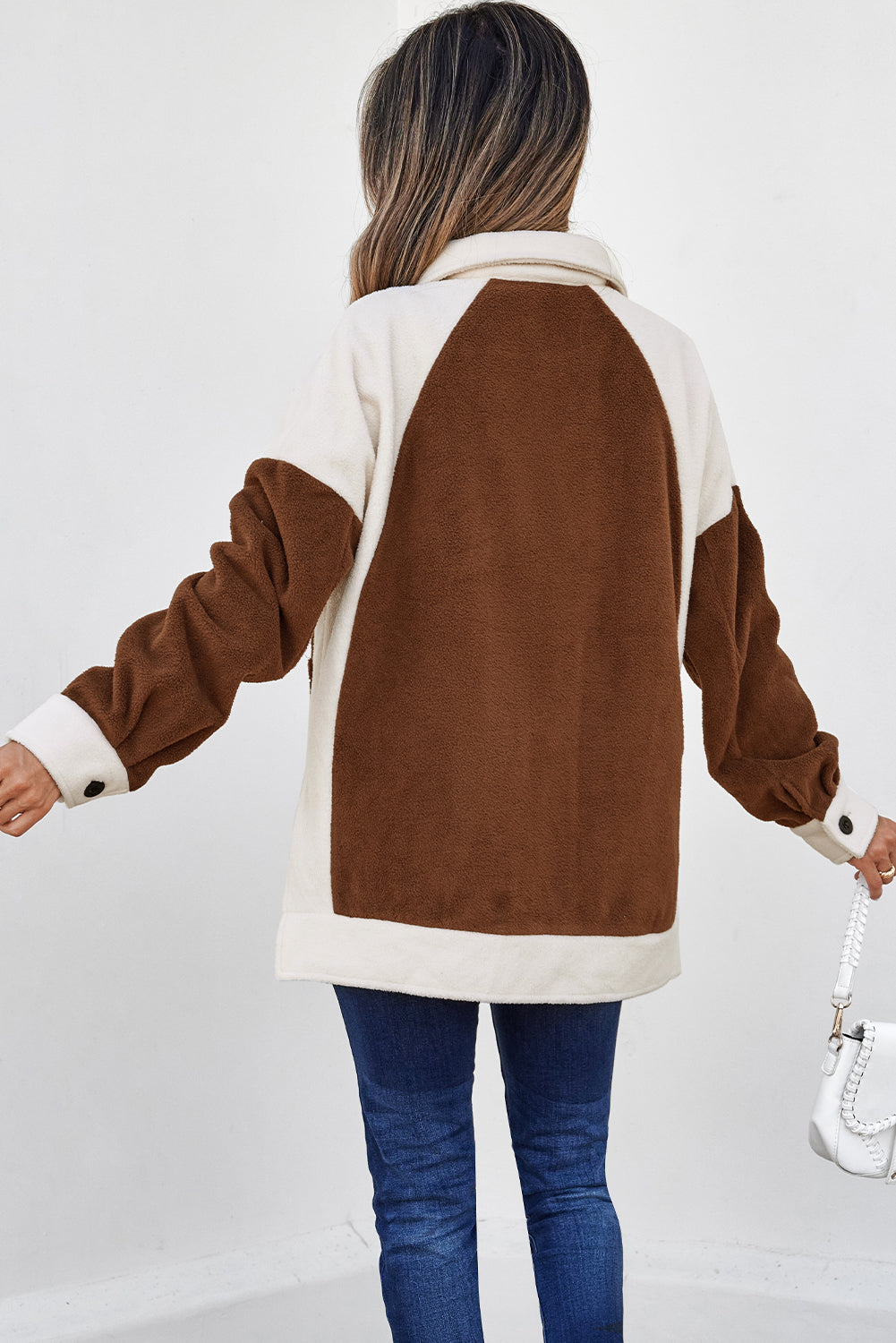 Colorblock Fleece Patchwork Button Down Shacket