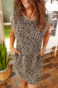 Khaki Leopard Textured Sleeveless Mini Dress with Pockets
