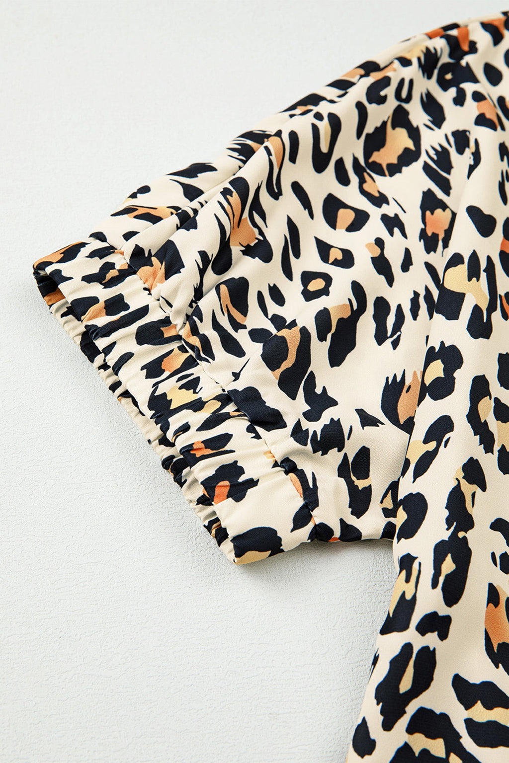 Khaki Leopard Color Block Contrast Striped V Neck Half Sleeve Loose Fit Blouse