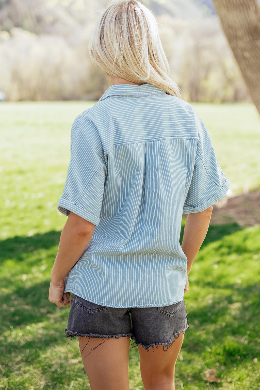 Sky Blue Stripe Cuffed Short Sleeve Button up Loose Shirt