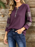 Full Size Ribbed Knit Henley T-Shirt with Plaid Contrast Sleeves Plus Size