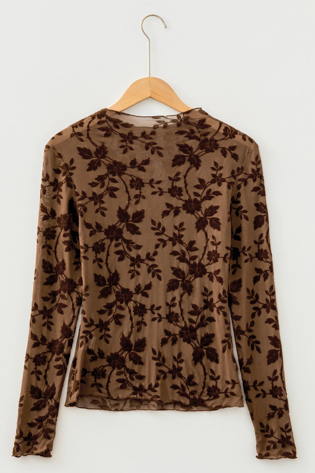 Apricot Floral Mesh Long Sleeve Round Neck Casual Sheath Top