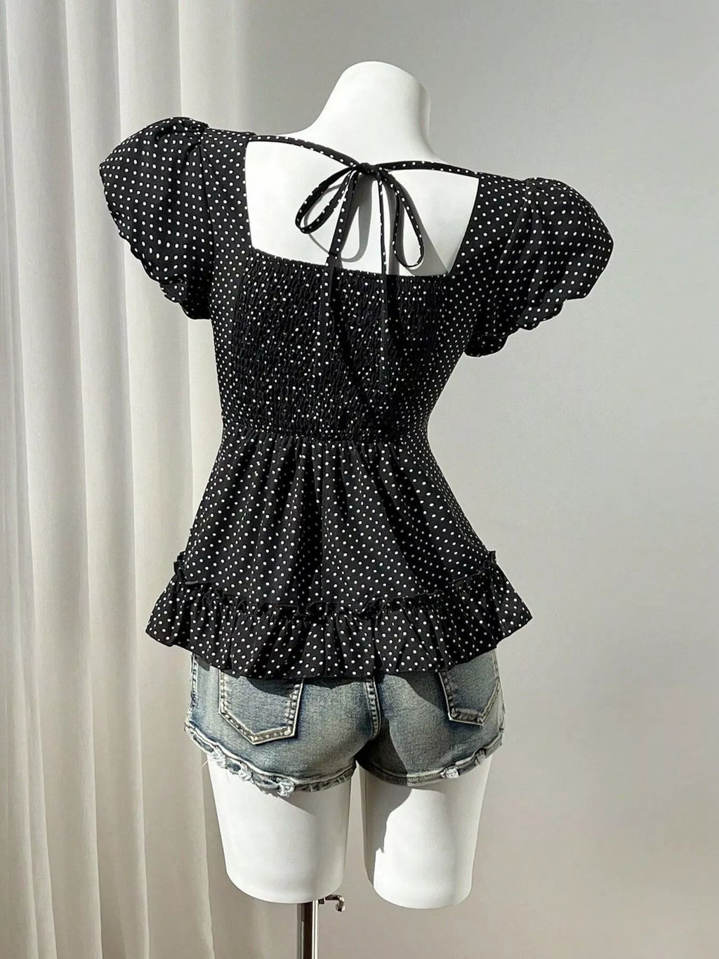 Polka Dot Square Neck Puff Sleeve Peplum Blouse