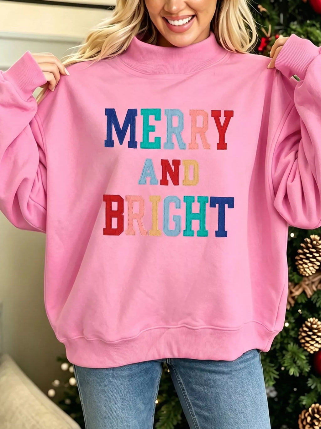 MERRY AND BRIGHT Stitched Letter Pattern Mock Neck Sweatshirt