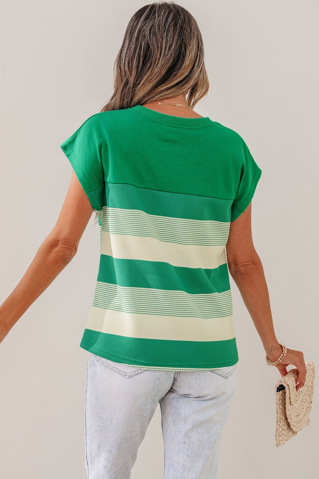 Green Stripe Mixed Print Crew Neck Cap Sleeve T Shirt