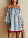 Off-Shoulder Striped Ruffle Hem Mini Dress