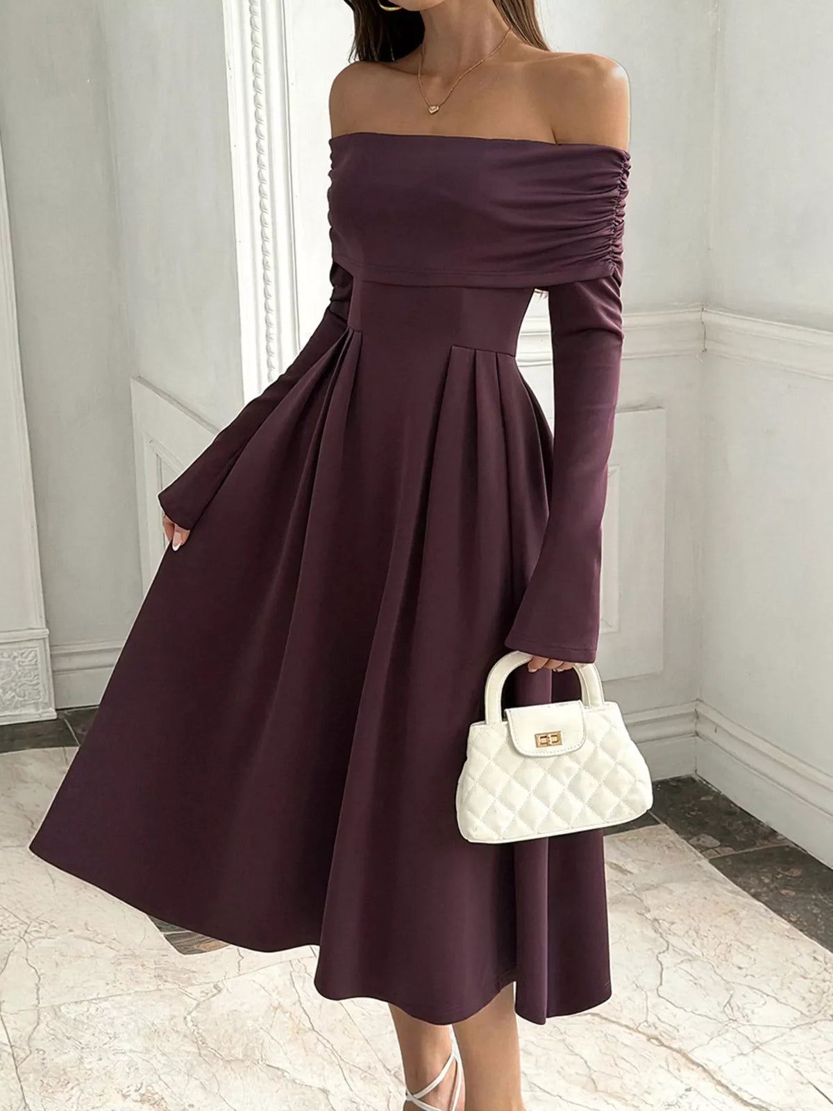 Off-Shoulder Long Sleeve Midi Dress