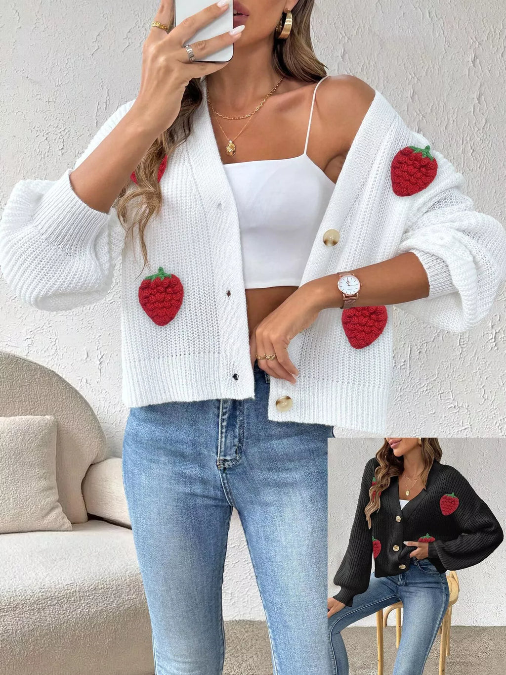 Strawberry Applique Button Up Cardigan