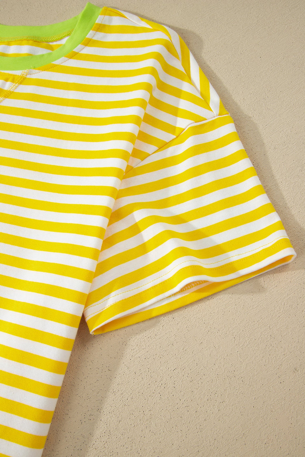 Yellow Stripe Contrast Neck Loose Tee and Drawstring Shorts Set
