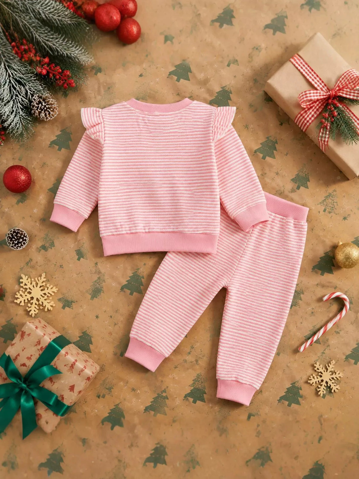 Children's Striped Christmas Tree Ruffle Pajama Set