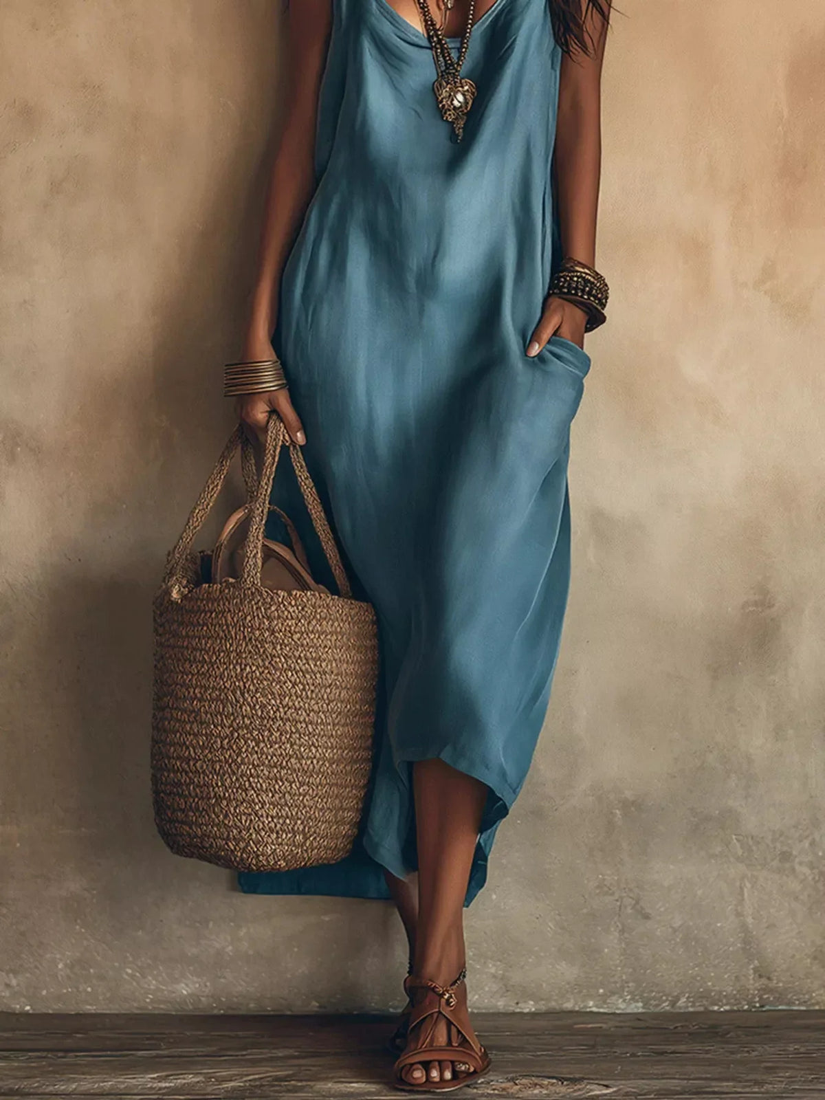Full Size Spaghetti Strap Midi Dress with Pockets Plus Size