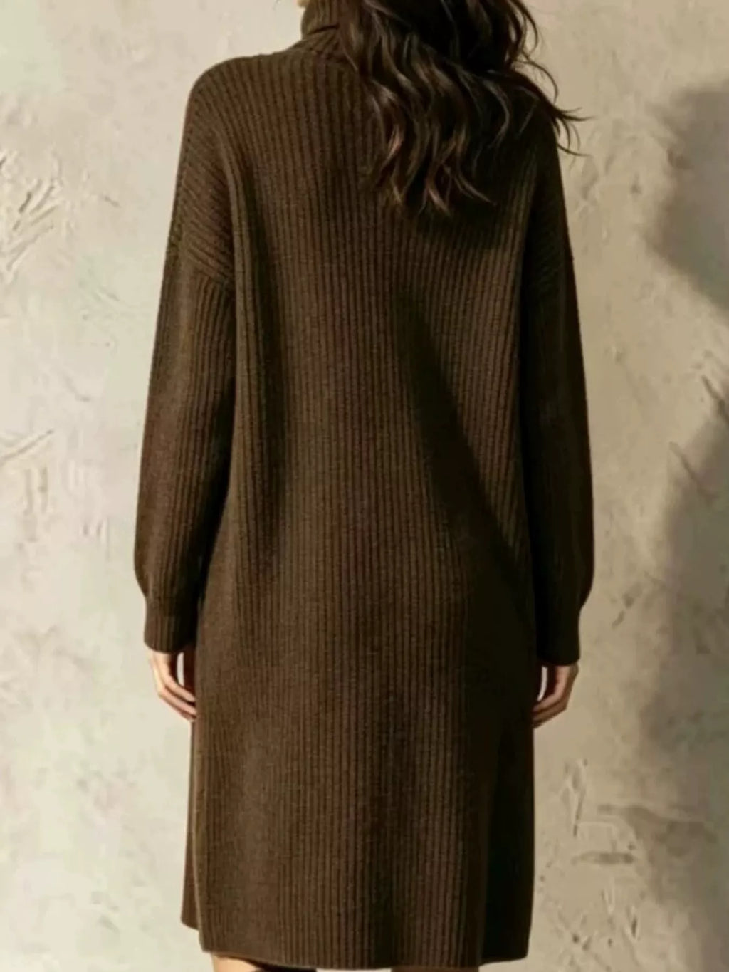 Ribbed Knit Turtleneck Button Up Longline Cardigan