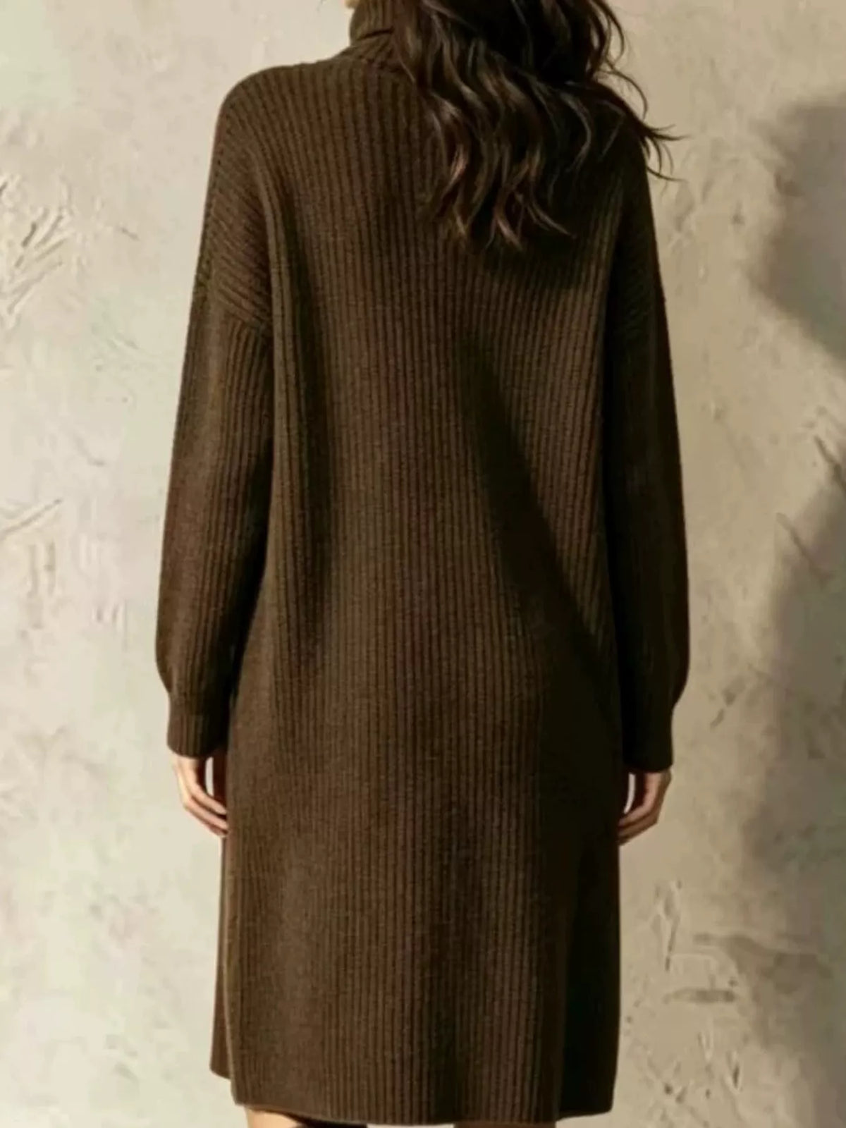 Ribbed Knit Turtleneck Button Up Longline Cardigan