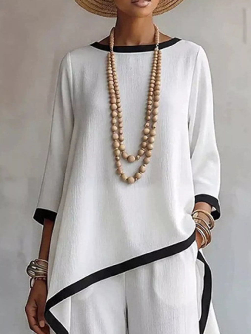 Full Size Contrast Trim High-Low Top and Pants Set Plus Size