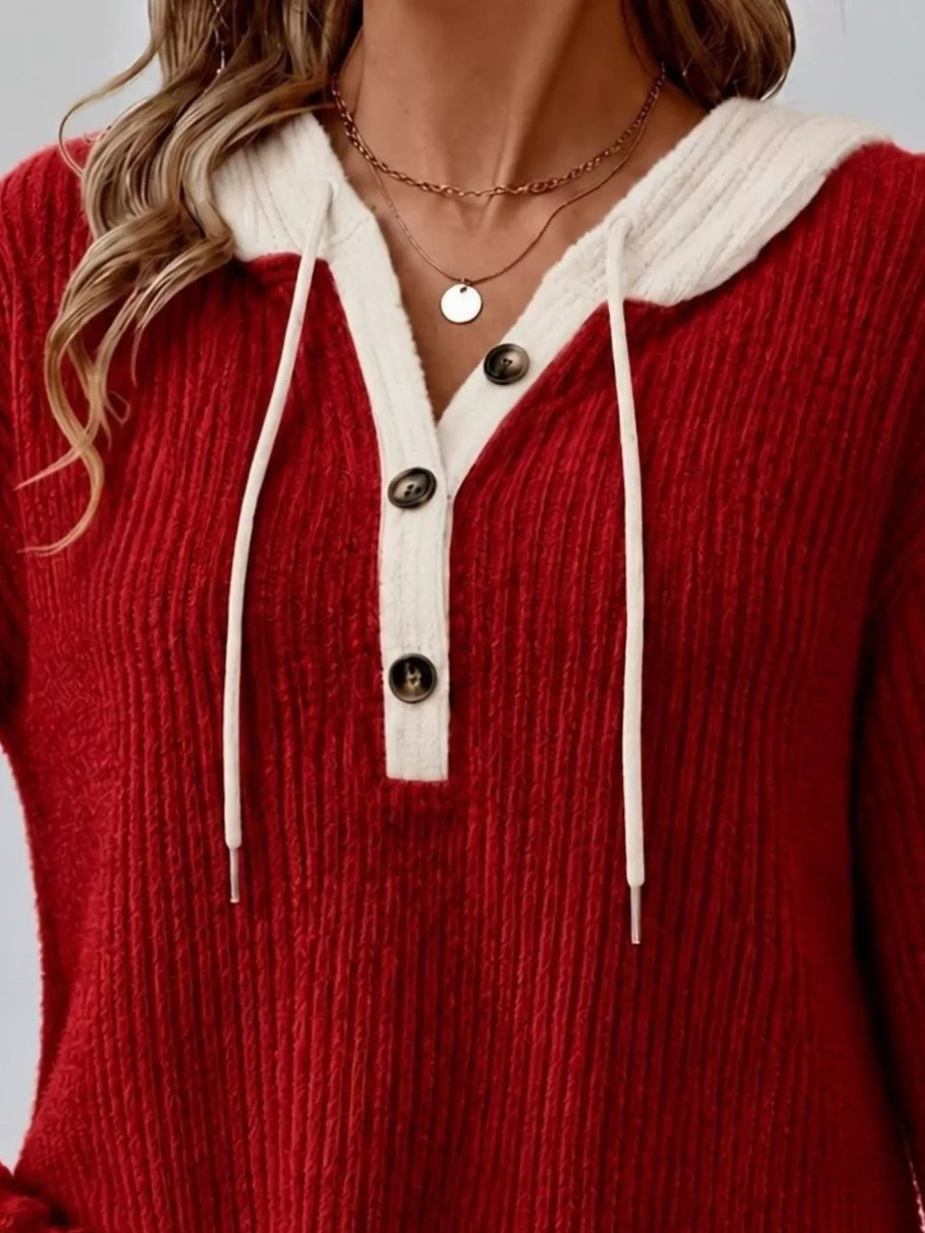 Full Size Drawstring Button Detail Hooded Sweater Plus Size